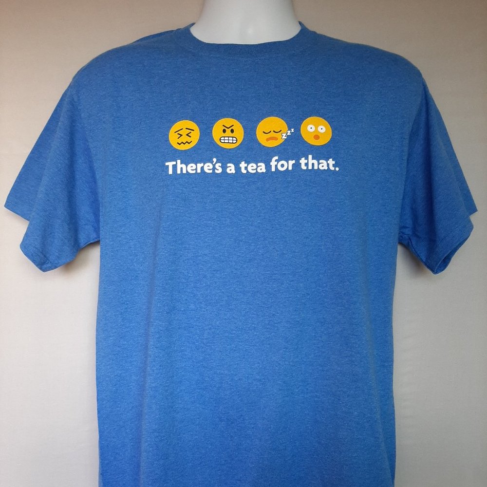 CELESTIAL SEASONINGS Tea t-shirt BLUE with "Emoticon" emojis --NEW w/tags